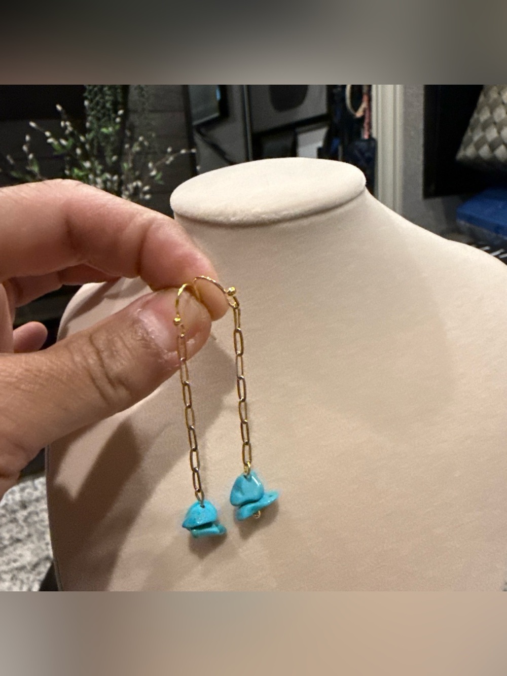 Gold Chain Drop Earrings with Turquoise Blue Howlite Charms
